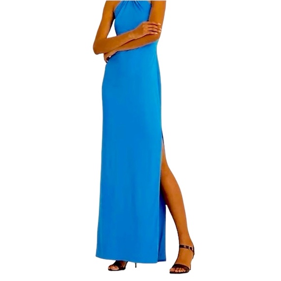 Ralph Lauren Evening Dress Exquisite Blue Halter Chain Neckline True to Size 12 - Picture 13 of 14
